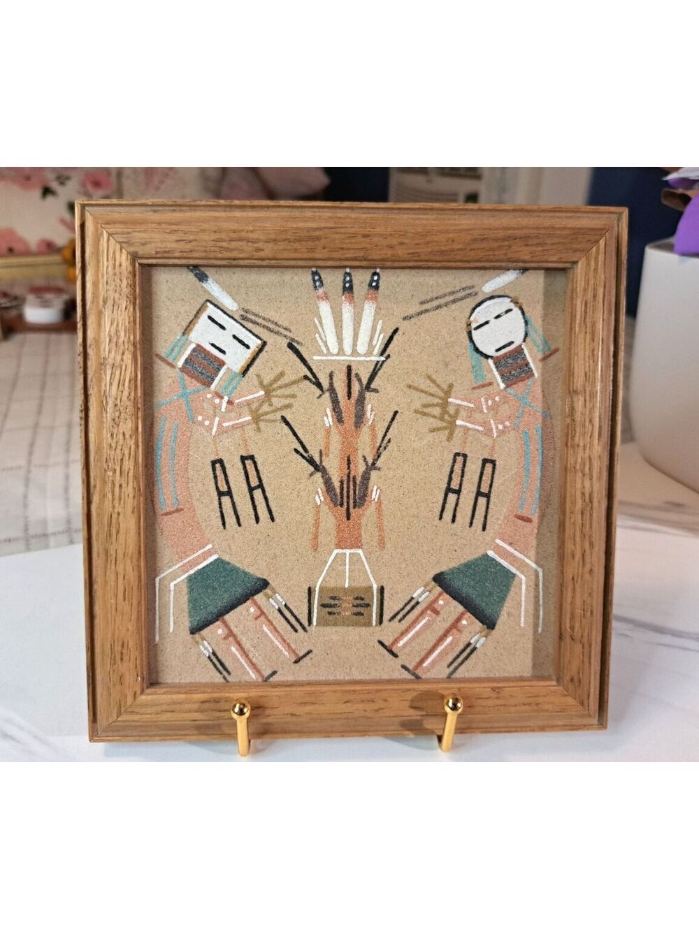 Vintage Begay Signed/Framed Navajo Sand Art Yei Figures & Cornstalk Motifs 7.5"